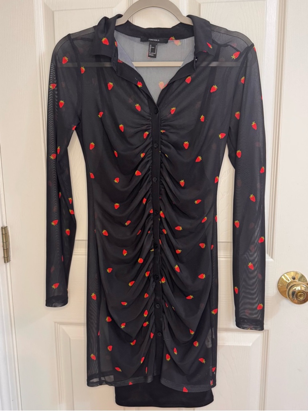 Forever 21 Black Mesh Ruched Strawberry-Print Long Sleeve Dress